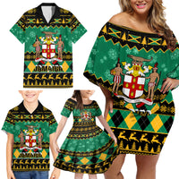 Personalised Jamaica Christmas Family Matching Off Shoulder Short Dress and Hawaiian Shirt Jamaican Coat Of Arms Xmas Vibes - Wonder Print Shop