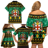 Personalised Jamaica Christmas Family Matching Off Shoulder Short Dress and Hawaiian Shirt Jamaican Coat Of Arms Xmas Vibes - Wonder Print Shop