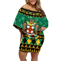 Personalised Jamaica Christmas Family Matching Off Shoulder Short Dress and Hawaiian Shirt Jamaican Coat Of Arms Xmas Vibes - Wonder Print Shop
