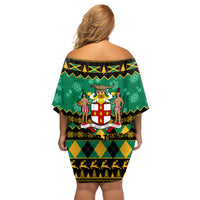 Personalised Jamaica Christmas Family Matching Off Shoulder Short Dress and Hawaiian Shirt Jamaican Coat Of Arms Xmas Vibes - Wonder Print Shop