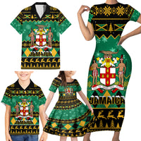 Personalised Jamaica Christmas Family Matching Short Sleeve Bodycon Dress and Hawaiian Shirt Jamaican Coat Of Arms Xmas Vibes - Wonder Print Shop