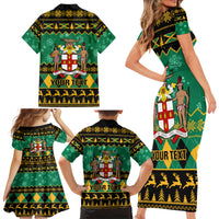 Personalised Jamaica Christmas Family Matching Short Sleeve Bodycon Dress and Hawaiian Shirt Jamaican Coat Of Arms Xmas Vibes - Wonder Print Shop