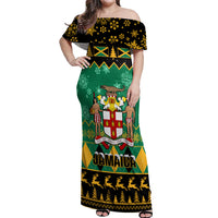 Personalised Jamaica Christmas Off Shoulder Maxi Dress Jamaican Coat Of Arms Xmas Vibes - Wonder Print Shop