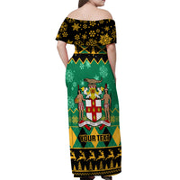 Personalised Jamaica Christmas Off Shoulder Maxi Dress Jamaican Coat Of Arms Xmas Vibes - Wonder Print Shop