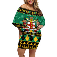 Personalised Jamaica Christmas Off Shoulder Short Dress Jamaican Coat Of Arms Xmas Vibes - Wonder Print Shop