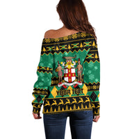 Personalised Jamaica Christmas Off Shoulder Sweater Jamaican Coat Of Arms Xmas Vibes - Wonder Print Shop