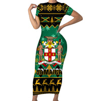 Personalised Jamaica Christmas Short Sleeve Bodycon Dress Jamaican Coat Of Arms Xmas Vibes - Wonder Print Shop