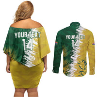 Custom Australia And South Africa Cricket Couples Matching Off Shoulder Short Dress and Long Sleeve Button Shirt Aussies Proteas Together - Wonder Print Shop