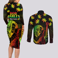 Jamaica Legend Bob Day Couples Matching Long Sleeve Bodycon Dress and Long Sleeve Button Shirt One Love Jamaican Reggae African Pattern - Wonder Print Shop