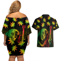 Jamaica Legend Bob Day Couples Matching Off Shoulder Short Dress and Hawaiian Shirt One Love Jamaican Reggae African Pattern - Wonder Print Shop