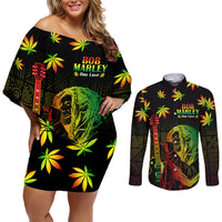 Jamaica Legend Bob Day Couples Matching Off Shoulder Short Dress and Long Sleeve Button Shirt One Love Jamaican Reggae African Pattern - Wonder Print Shop