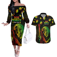 Jamaica Legend Bob Day Couples Matching Off The Shoulder Long Sleeve Dress and Hawaiian Shirt One Love Jamaican Reggae African Pattern - Wonder Print Shop
