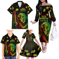 Jamaica Legend Bob Day Family Matching Off Shoulder Long Sleeve Dress and Hawaiian Shirt One Love Jamaican Reggae African Pattern - Wonder Print Shop