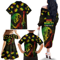 Jamaica Legend Bob Day Family Matching Off Shoulder Long Sleeve Dress and Hawaiian Shirt One Love Jamaican Reggae African Pattern - Wonder Print Shop