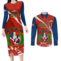 Dominican Republic Independence Day Couples Matching Long Sleeve Bodycon Dress and Long Sleeve Button Shirt Coat Of Arms With Bayahibe Rose - Wonder Print Shop