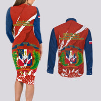 Dominican Republic Independence Day Couples Matching Long Sleeve Bodycon Dress and Long Sleeve Button Shirt Coat Of Arms With Bayahibe Rose - Wonder Print Shop