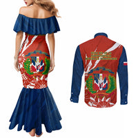 Dominican Republic Independence Day Couples Matching Mermaid Dress and Long Sleeve Button Shirt Coat Of Arms With Bayahibe Rose