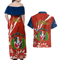 Dominican Republic Independence Day Couples Matching Off Shoulder Maxi Dress and Hawaiian Shirt Coat Of Arms With Bayahibe Rose - Wonder Print Shop