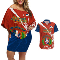 Dominican Republic Independence Day Couples Matching Off Shoulder Short Dress and Hawaiian Shirt Coat Of Arms With Bayahibe Rose - Wonder Print Shop