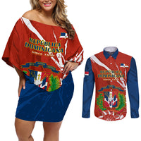 Dominican Republic Independence Day Couples Matching Off Shoulder Short Dress and Long Sleeve Button Shirt Coat Of Arms With Bayahibe Rose - Wonder Print Shop