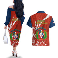 Dominican Republic Independence Day Couples Matching Off The Shoulder Long Sleeve Dress and Hawaiian Shirt Coat Of Arms With Bayahibe Rose - Wonder Print Shop