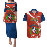 Dominican Republic Independence Day Couples Matching Puletasi and Hawaiian Shirt Coat Of Arms With Bayahibe Rose - Wonder Print Shop