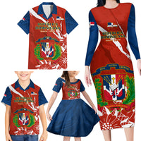 Dominican Republic Independence Day Family Matching Long Sleeve Bodycon Dress and Hawaiian Shirt Coat Of Arms With Bayahibe Rose - Wonder Print Shop
