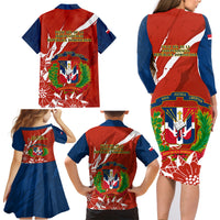 Dominican Republic Independence Day Family Matching Long Sleeve Bodycon Dress and Hawaiian Shirt Coat Of Arms With Bayahibe Rose - Wonder Print Shop