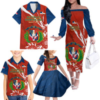 Dominican Republic Independence Day Family Matching Off Shoulder Long Sleeve Dress and Hawaiian Shirt Coat Of Arms With Bayahibe Rose - Wonder Print Shop