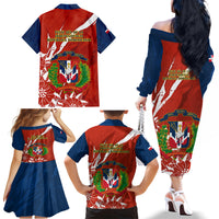 Dominican Republic Independence Day Family Matching Off Shoulder Long Sleeve Dress and Hawaiian Shirt Coat Of Arms With Bayahibe Rose - Wonder Print Shop