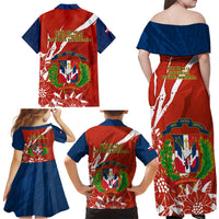 Dominican Republic Independence Day Family Matching Off Shoulder Maxi Dress and Hawaiian Shirt Coat Of Arms With Bayahibe Rose - Wonder Print Shop