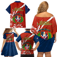 Dominican Republic Independence Day Family Matching Off Shoulder Short Dress and Hawaiian Shirt Coat Of Arms With Bayahibe Rose - Wonder Print Shop