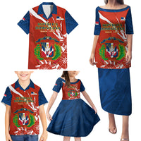 Dominican Republic Independence Day Family Matching Puletasi and Hawaiian Shirt Coat Of Arms With Bayahibe Rose - Wonder Print Shop