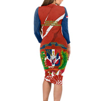 Dominican Republic Independence Day Long Sleeve Bodycon Dress Coat Of Arms With Bayahibe Rose - Wonder Print Shop