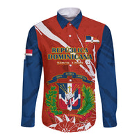 Dominican Republic Independence Day Long Sleeve Button Shirt Coat Of Arms With Bayahibe Rose - Wonder Print Shop