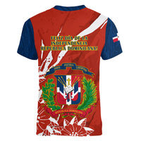 Dominican Republic Independence Day Women V Neck T Shirt Coat Of Arms With Bayahibe Rose - Wonder Print Shop