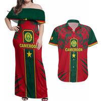 Custom Cameroon Football Couples Matching Off Shoulder Maxi Dress and Hawaiian Shirt 2024 African Nations Go Champions Lion Style - Wonder Print Shop