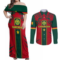 Custom Cameroon Football Couples Matching Off Shoulder Maxi Dress and Long Sleeve Button Shirt 2024 African Nations Go Champions Lion Style - Wonder Print Shop