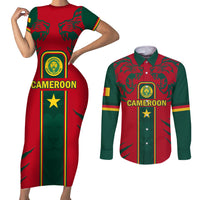 Custom Cameroon Football Couples Matching Short Sleeve Bodycon Dress and Long Sleeve Button Shirt 2024 African Nations Go Champions Lion Style - Wonder Print Shop