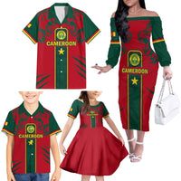Custom Cameroon Football Family Matching Off Shoulder Long Sleeve Dress and Hawaiian Shirt 2024 African Nations Go Champions Lion Style - Wonder Print Shop