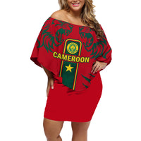 Custom Cameroon Football Family Matching Off Shoulder Short Dress and Hawaiian Shirt 2024 African Nations Go Champions Lion Style - Wonder Print Shop