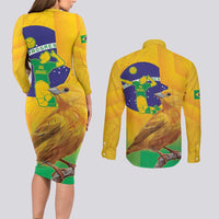 Brasil Volleyball Couples Matching Long Sleeve Bodycon Dress and Long Sleeve Button Shirt Go Champions Canario-da-terra