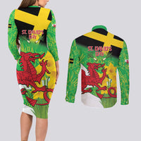 Wales Saint David's Day Couples Matching Long Sleeve Bodycon Dress and Long Sleeve Button Shirt Welsh Dragon Dydd Gwyl Dewi Hapus!