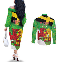 Wales Saint David's Day Couples Matching Off The Shoulder Long Sleeve Dress and Long Sleeve Button Shirt Welsh Dragon Dydd Gwyl Dewi Hapus!
