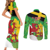 Wales Saint David's Day Couples Matching Short Sleeve Bodycon Dress and Long Sleeve Button Shirt Welsh Dragon Dydd Gwyl Dewi Hapus!
