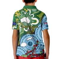 Kids green polo shirt back with Australia and Fiji graphic and floral print