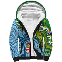 Sherpa hoodie, green hood trim, blue/green tribal print, black drawstrings, front view
