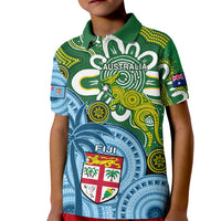 Green kids polo with white collar, bold Australia/Fiji graphic front