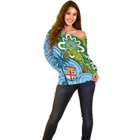 Personalised Australia And Fiji Off Shoulder Sweater Aboriginal Mix Fijian Tapa Unique Style - Wonder Print Shop
