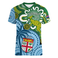Personalised Australia And Fiji Women V Neck T Shirt Aboriginal Mix Fijian Tapa Unique Style - Wonder Print Shop